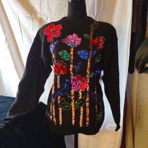 NWT Vintage 80's Black w/ Sequin & Bead Colored Flowers Size Med